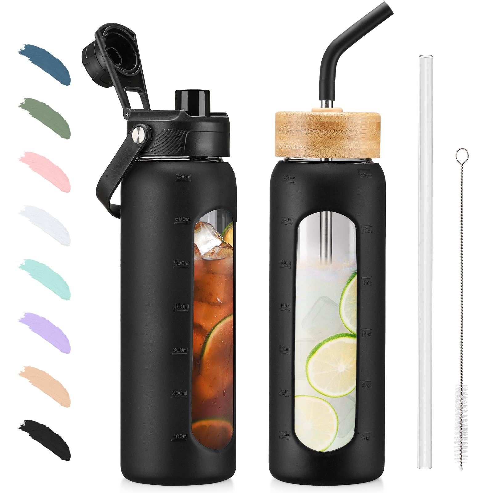 BLUEGO 700ml Glass Water Bottle with Straw and 2 Lids Glass Coffee Cup with Time Marker and Silicone Protector Glass Tumbler for Beverages Soda Cola BPA Free, Black