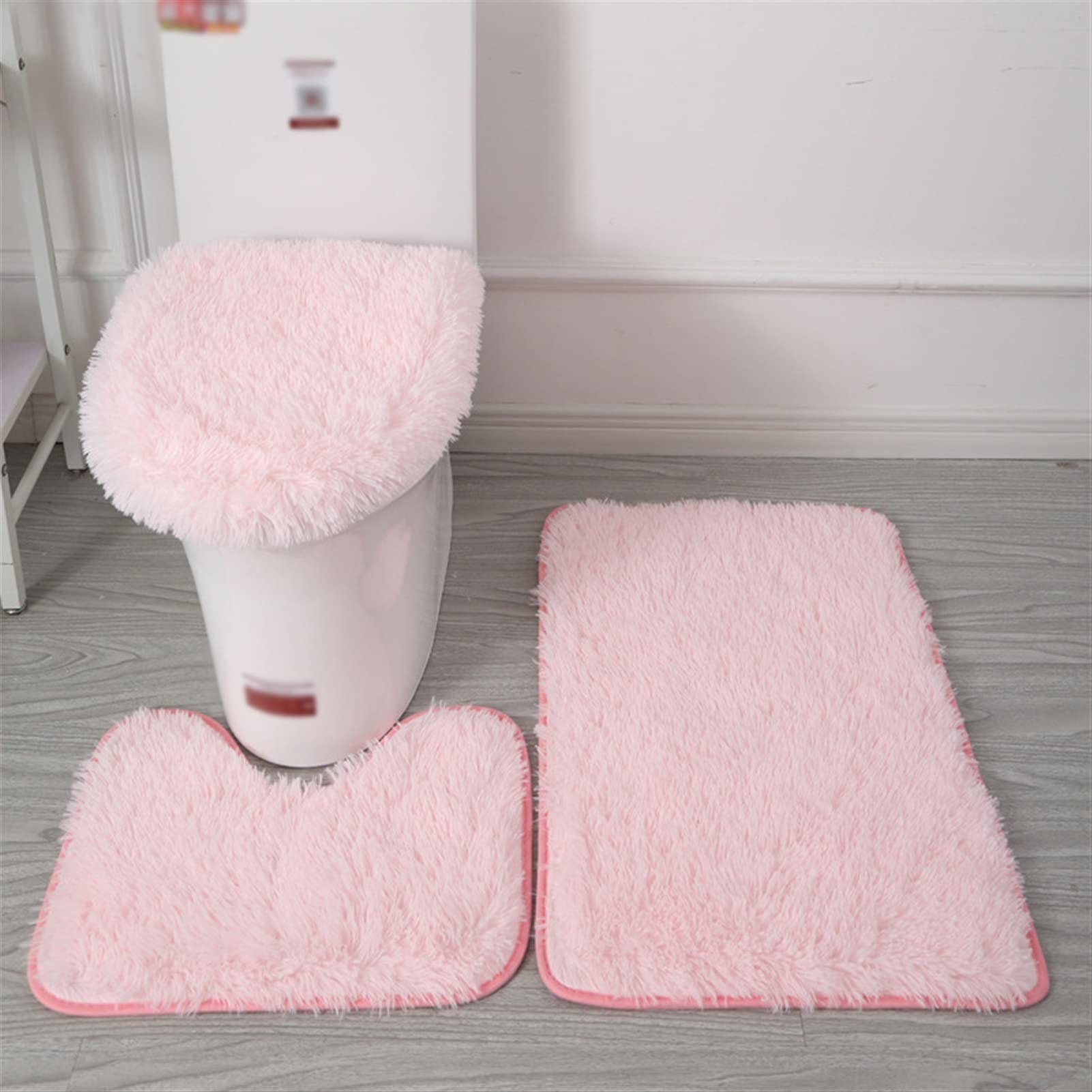 Lifup 3 PCS Non Slip Shaggy Bathroom Rug Set, U-Shaped Contour Toilet Rug Water Absorbent Bathroom Mat Toilet Lid Cover Pink