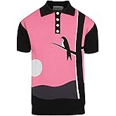OXKNIT Men's Retro Black and Pink Knitted Poloshirt, Vintage Animal Patten Polo Cotton Short Sleeve with Quarter Button