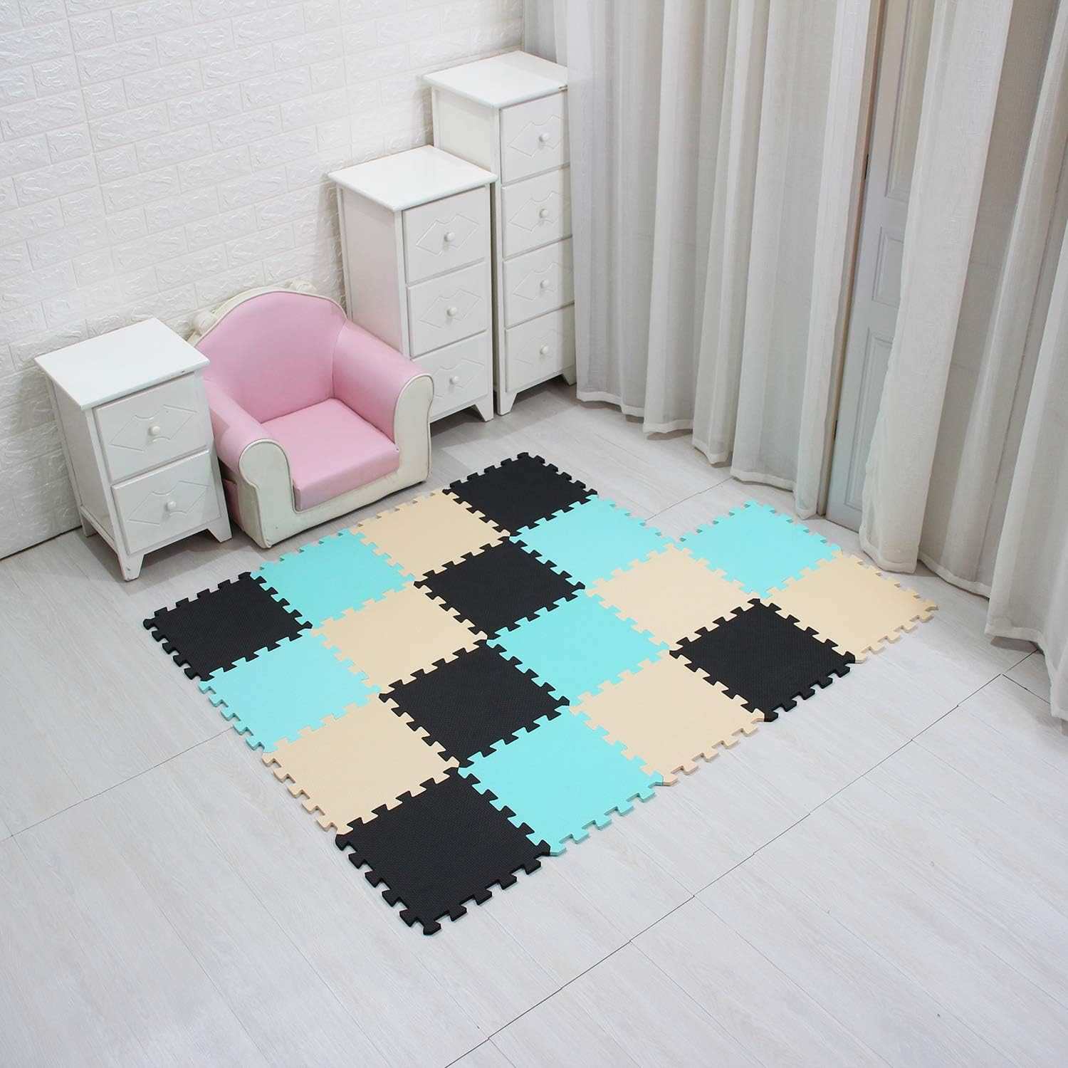 MQIAOHAM Children Puzzle mat Play mat Squares Play mat Tiles Baby mats for Floor Puzzle mat Soft Play mats Girl playmat Carpet Interlocking Foam Floor mats for Baby Black Green Beige 104108110