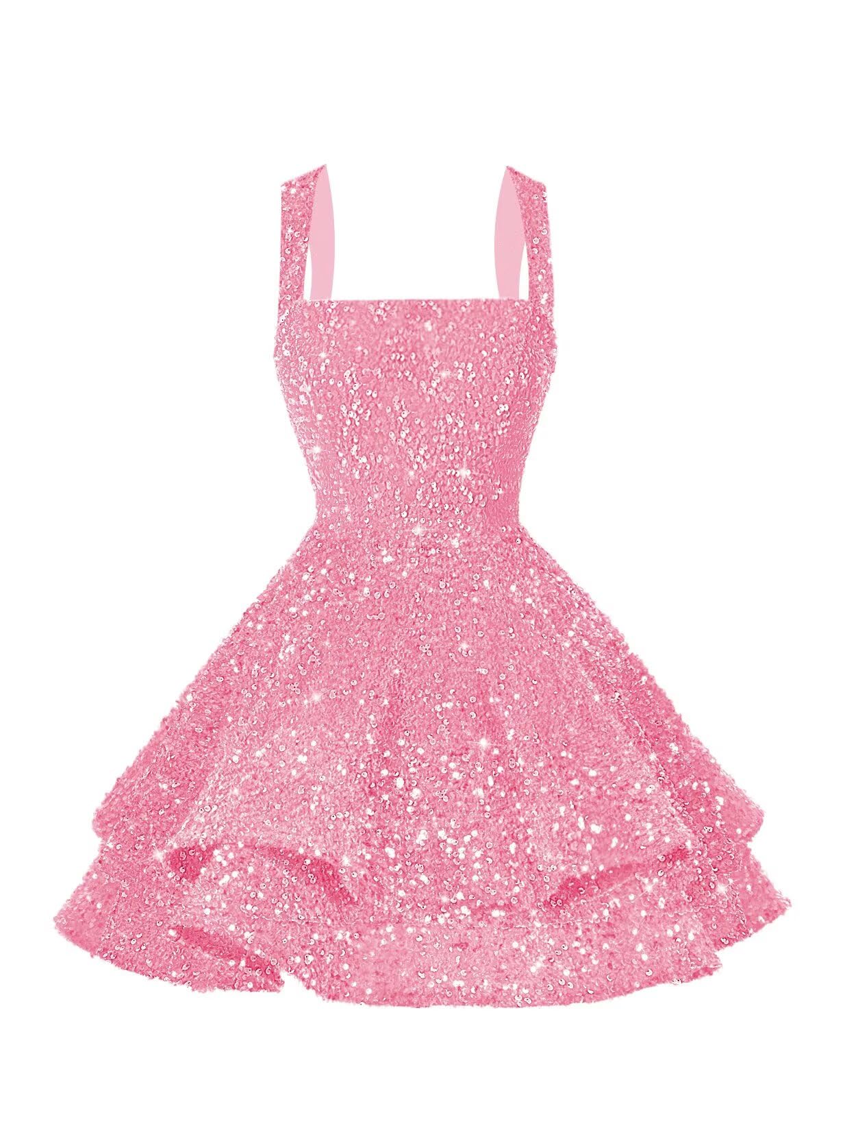 Photo 1 of Dessiny Glitter Spaghetti Straps Homecoming Dresses for Women 2025 A-Line Mini Short Graduation Dresses Sparkly Sequin Dress Pink Summer Cocktail Party Dress for Teens US6