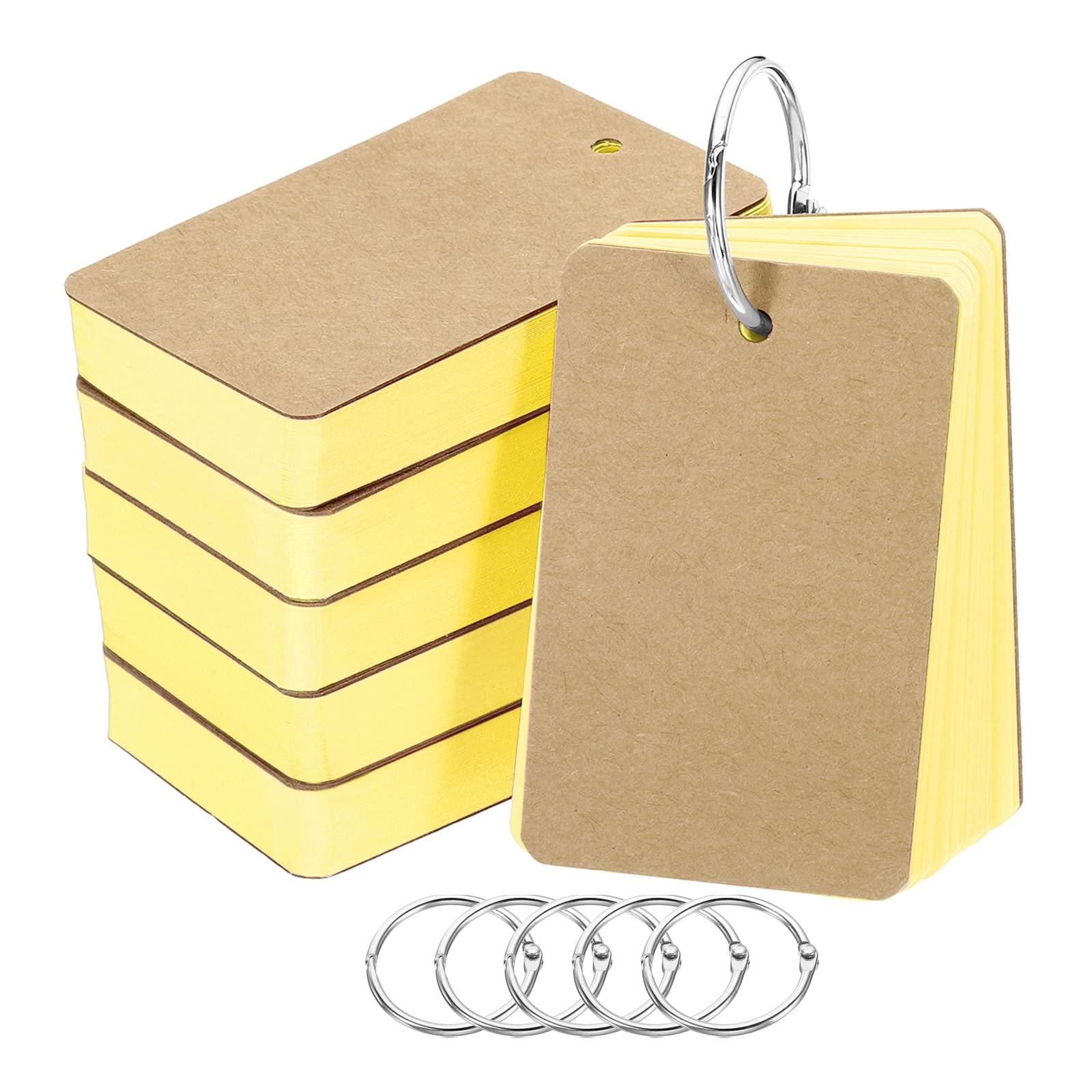 PATIKIL 3.5" x 2" Blank Flash Cards with Rings, 300 Pack Study Cards Index Cards Note Card Pre Hole Punched for Learning, Yellow