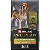 Purina Pro Plan Weight Management Dry Dog Food, Chicken &amp; Rice, 34 lb Bag | Shredded Blend high-protein formula, helps support lean muscle mass, healthy weight dog food with live probiotics for dogs