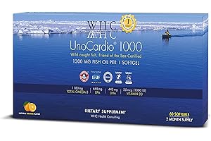 WHC, UnoCardio 1000 Fish Oil, 1300 mg of Pure Triglyceride Fish Oil with Omega-3 (1180 mg), 665 mg EPA and 445 mg DHA and 25 mcg (1000 IU) Vitamin D3 per softgel, Natural Orange, 60 softgels