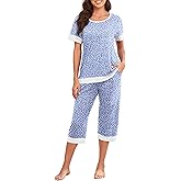 PrinStory Women's Pajama Set Short Sleeve Shirt and Capri Pants Sleepwear Pjs Sets Lounge Set