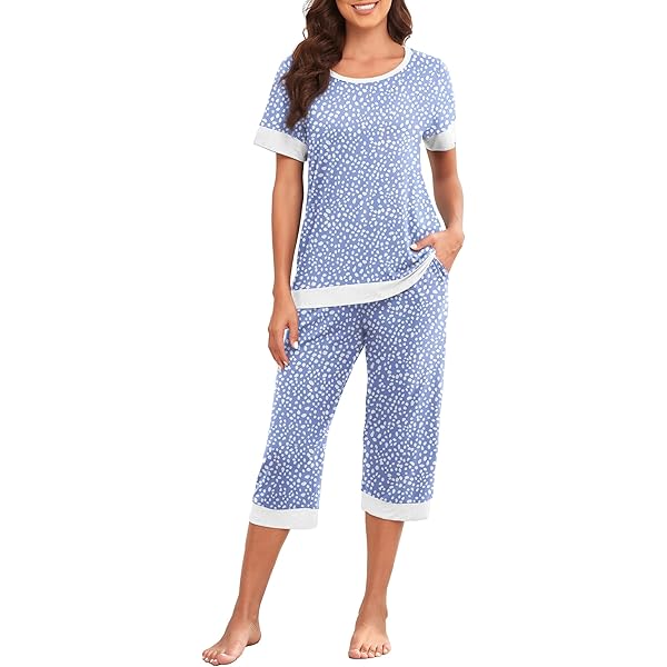 Pantalón Capri Con Bolsillos Pijama Para Mujer PrinStory - Conjunto De Camisa Manga Corta Y Pantalones Capri, 95% Rayón, Suave Y Cómodo, Con Bolsillos, Tallas S A 2XL Ropa Dormir Manga Corta