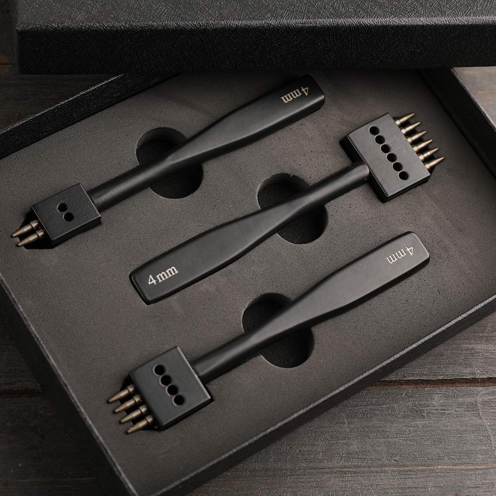 DIUDUS Prong Punch, Black Leather Punch Tool 4mm, 2/4/6 Lacing Stitching Punch, Round Hole Prong Stitching Chisel Set Leather Working Tools for Leathercraft