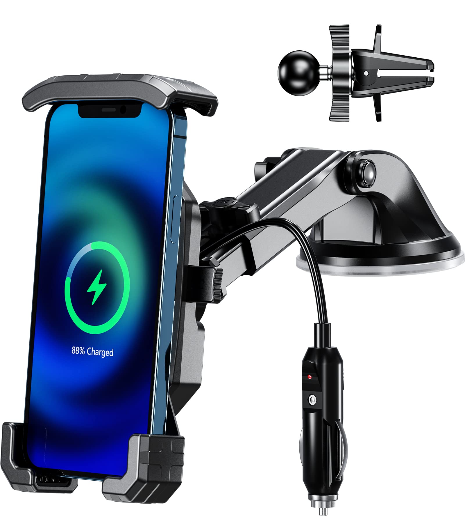 Kewig Wireless Car Phone Holder Mount, Qi 15W Fast Car Charger Mount with USB C 20W Charging Port, Mobile Phone Cradle Automobile Dashboard Windscreen Air Vent Stand for 4''-7'' Cellphones