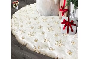 AOGU 36 Inch Sequin Faux Fur Christmas Tree Skirt Decoration for Merry Christmas Party White Plush Gold Sequin Snowflake Xmas Christmas Tree Skirt Decorations