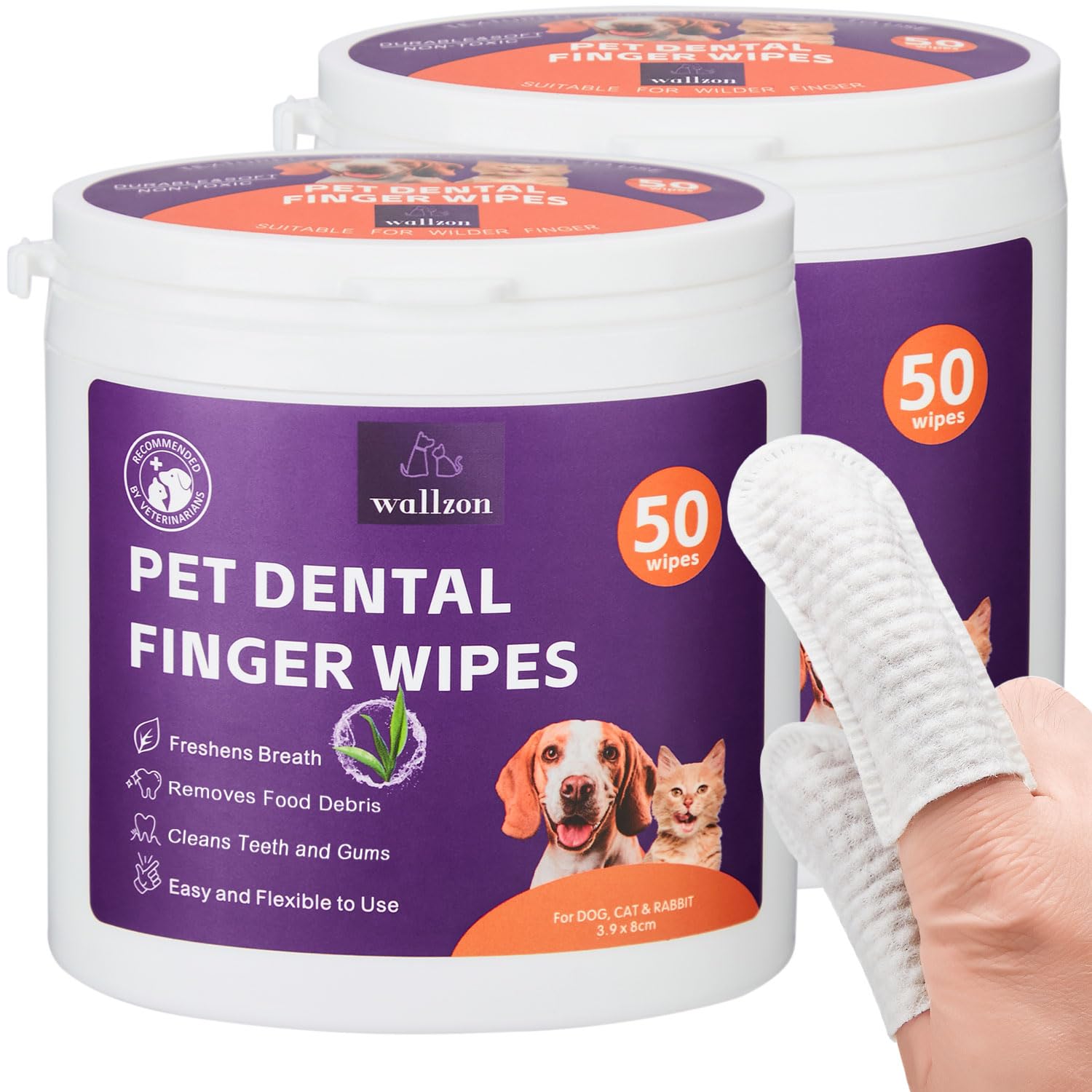 WALLZON Teeth Cleaning Finger Wipes for Dogs & Cats, Soft Pet Dental Finger Wipes for Dogs, Disposable Cat Tooth Cleaning Wipes, Gentle Dog Teeth Brushing Finger Wipes (100 Wipes, Finger Wipes)