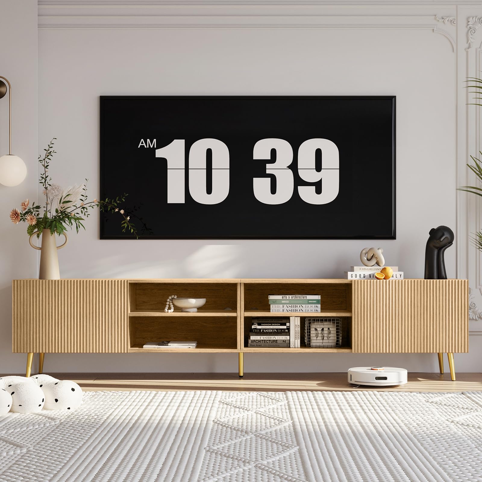 Photo 1 of KIMOLST Modern 86in TV Stand for Living Room, Fluted Design Entertainment Center with Adjustable Shelves,Media TV Console Table with Storage for Bedroom,Nature