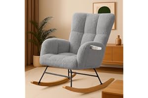 COMHOMA Nursery Rocking Chair, Teddy Upholstered Glider Rocking Chair with Side Pockets, Accent Chair with High Backrest Reading Chair for Adult, Nursery, Bedroom, Living Room,Offices(Grey)