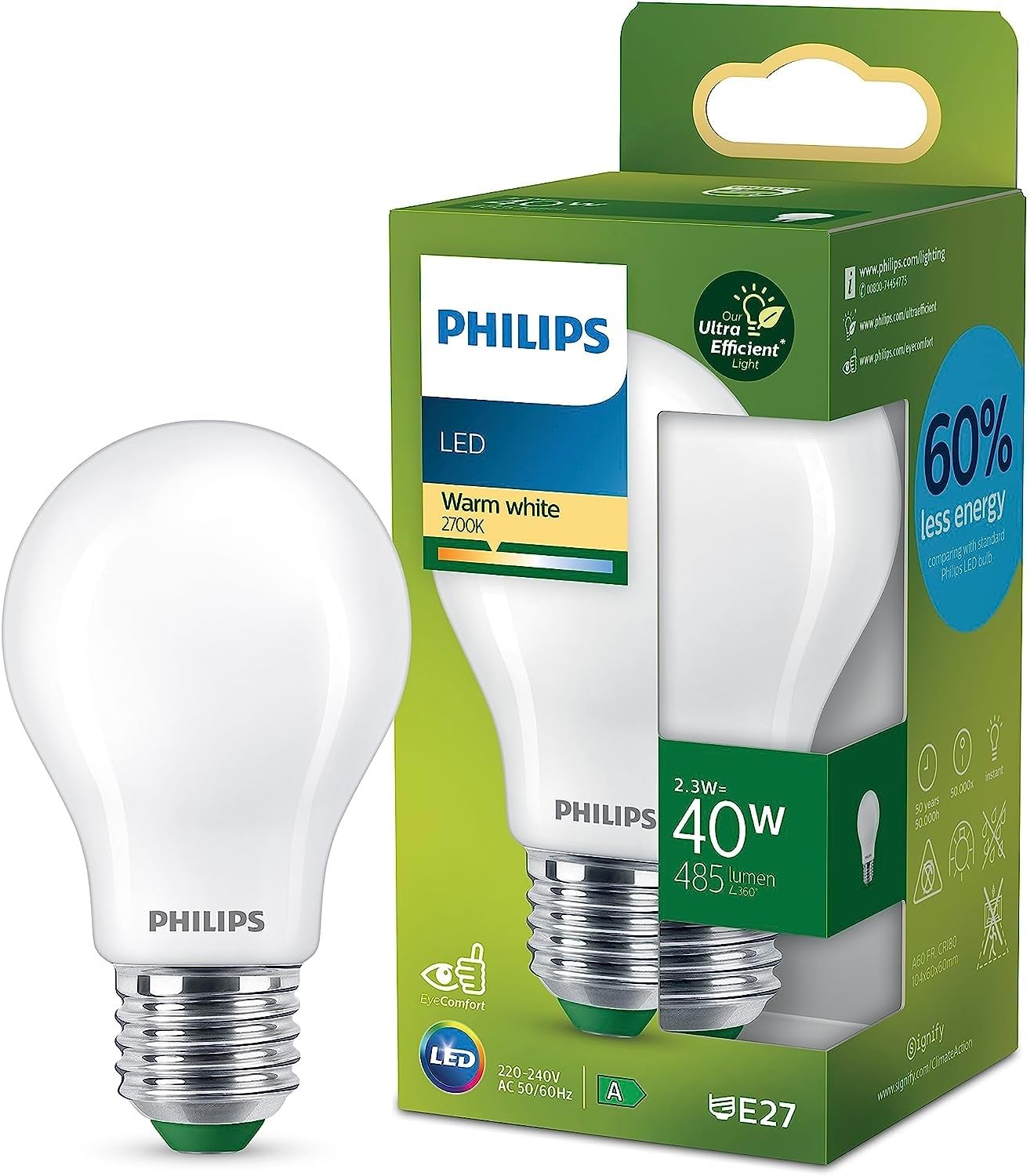 Philips Ultra Efficient - Ultra energy saving lights, E27 LED light source, 40W, A60, warm white, pack of 1, frosted — image 1