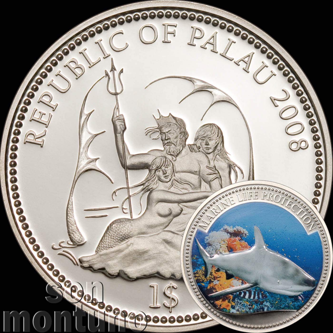 2008 GREY REEF SHARK - Palau Marine Life Protection Silver Plated Copper CuNi One Dollar Coin $1