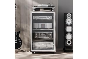 GRUFLE Media Storage Cabinet, Audio Video Media Stand Cabine with 3 Height-Adjustable Shelves, AV Cabinet Audio Rack with Glass Door and Cable Management for Living, Gaming, Recording Room