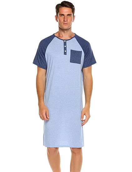 Kisshes Herren Baumwolle Schlafanzug Kurzarm Pyjama Sommer Nachthemd Herrennachthemd Nachtshirt Schwarz Navy Blau