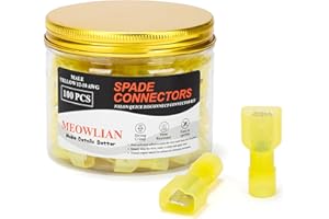 Meowlian 100PCS 12-10 AWG Male Nylon Spade Connector Yellow Electrical Quick Disconnect Wire Connectors Kit - Tinned Copper Wire Spade Terminals Automotive Solar