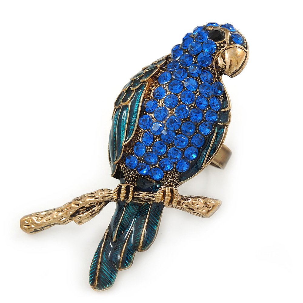 Avalaya Large Sapphire Blue Crystal, Teal Enamel Parrot Bird Ring In Antique Gold Metal - 60mm L - 7/8 Size Adjustable