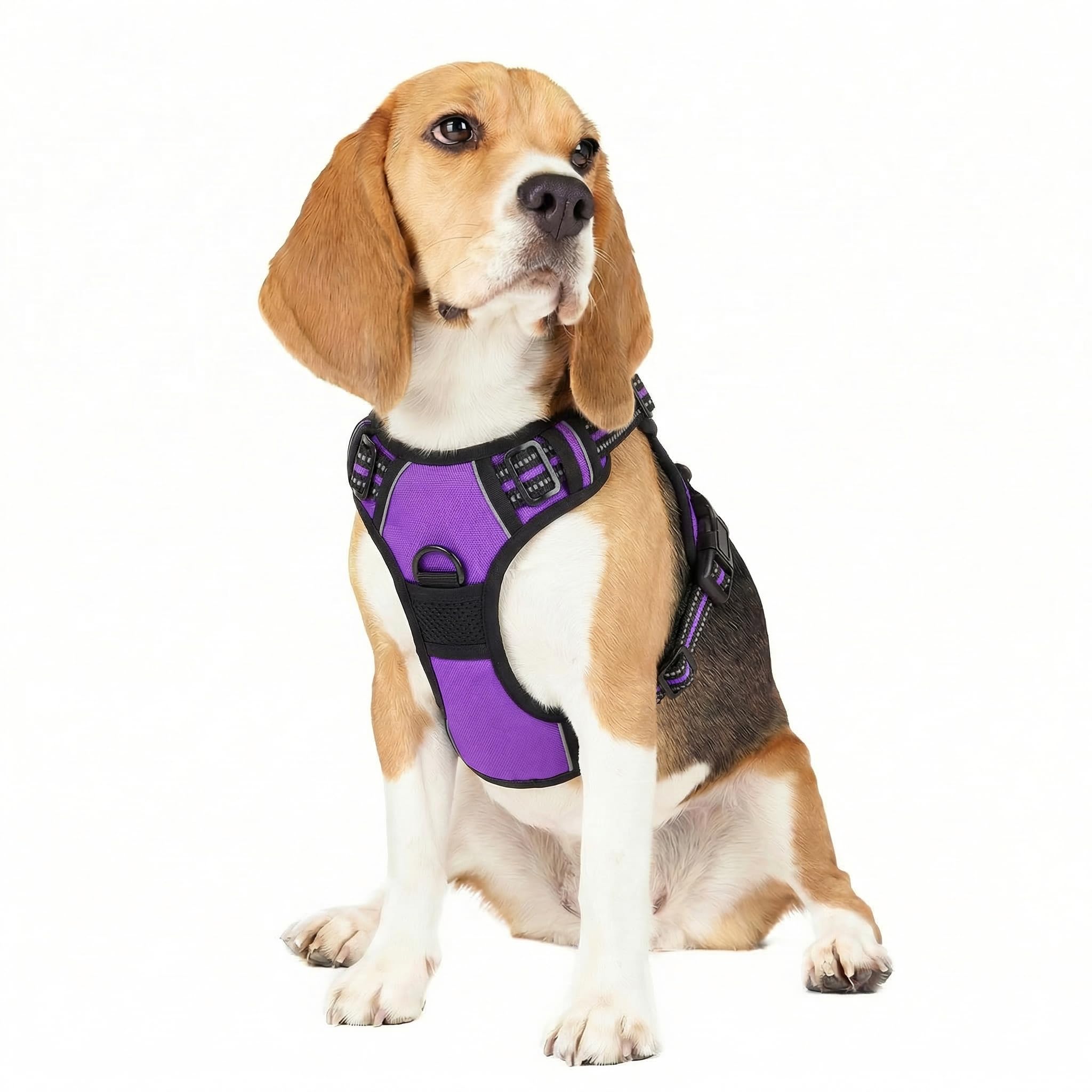 Funfox Dog Harness Medium, 2 Clips No Pull Vest Harness Handle Control, Adjustable Pet Harness with Reflective Strips Outdoor Traction Specialized Chest Harness Safe Walking Dog, Purple, M