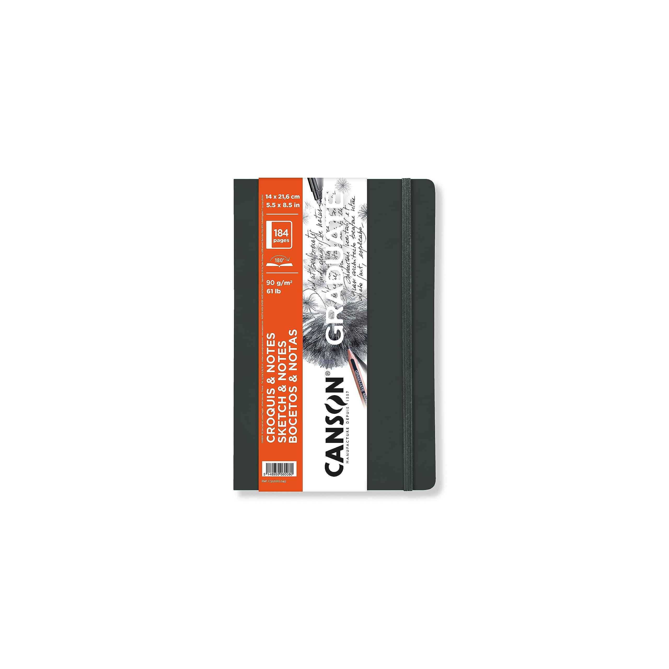 CANSON Graduate Soft Cover Sketch & Notes Book, 90gsm 14 x 21.6cm, Smooth Paper, 92 Ivory Sheets, Dark Grey Cover, for Artist Students