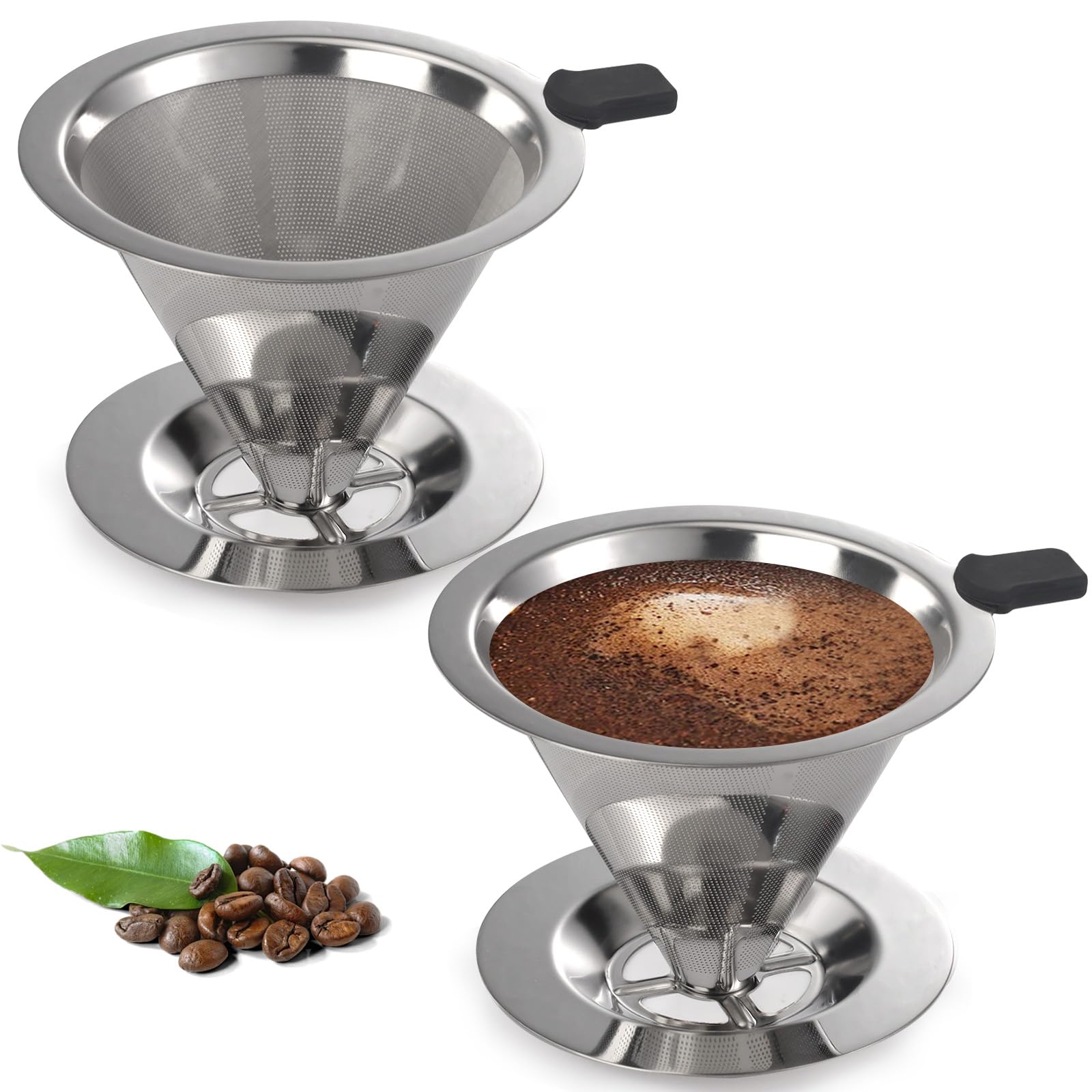 Modixun 2Pcs Pour Over Coffee Maker, Paperless Reusable Coffee Filter, Pour Over Coffee Dripper for Single Cup Brew, Double Layer Stainless Steel Cone Strainer 1-3 Cup, Medium