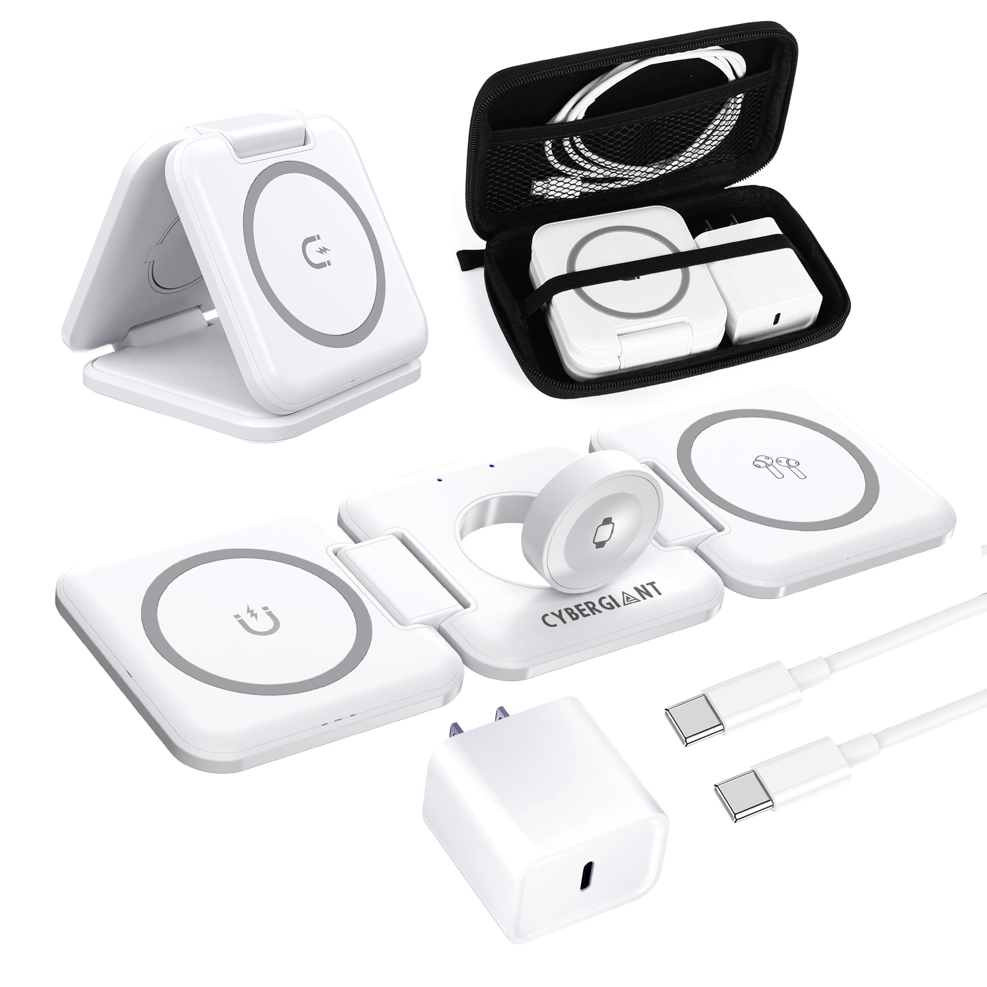 CYBERGIANT 3 in 1 Apple Charging Station for iPhone Airpods iWatch - Travel Charger for Multiple Devices, Portable Foldable Charging Station - Magnetic iPhone Charger with Adaptor&Case (White)