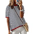 Dokotoo Womens Tops Casual Summer Crewneck Short Sleeve Striped Color Block Knit High Low Trendy Pullover Sweaters