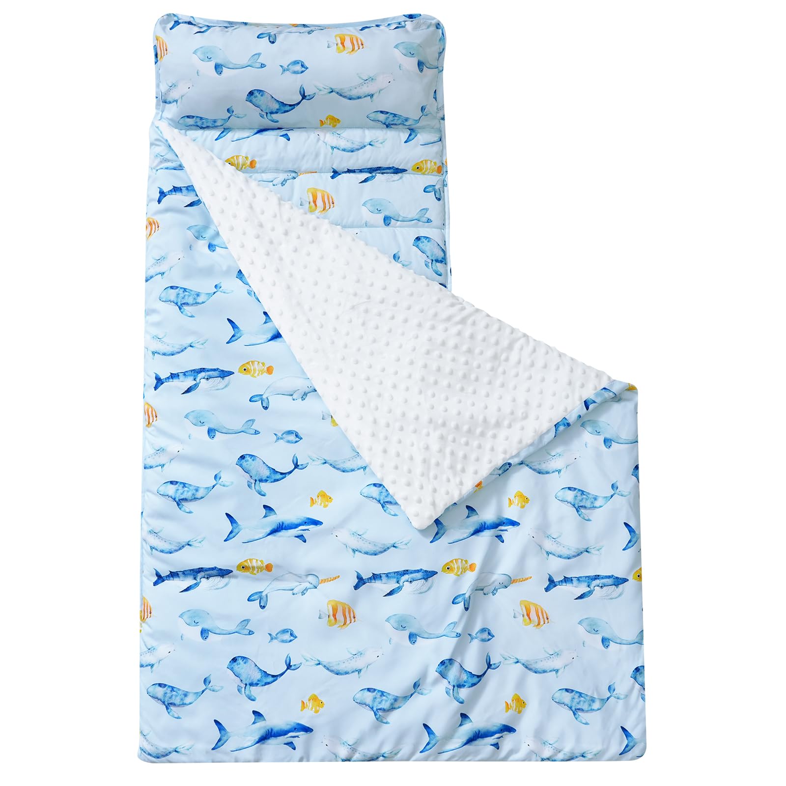 Photo 1 of david's kids Toddler Nap Mat with Removable Pillow and Minky Fleece Blanket, Ultra Soft Slumber Bags for Boys, Perfect for Preschool, Daycare, Kids Sleeping Bags with Rollup Design, 50"x20", Whale