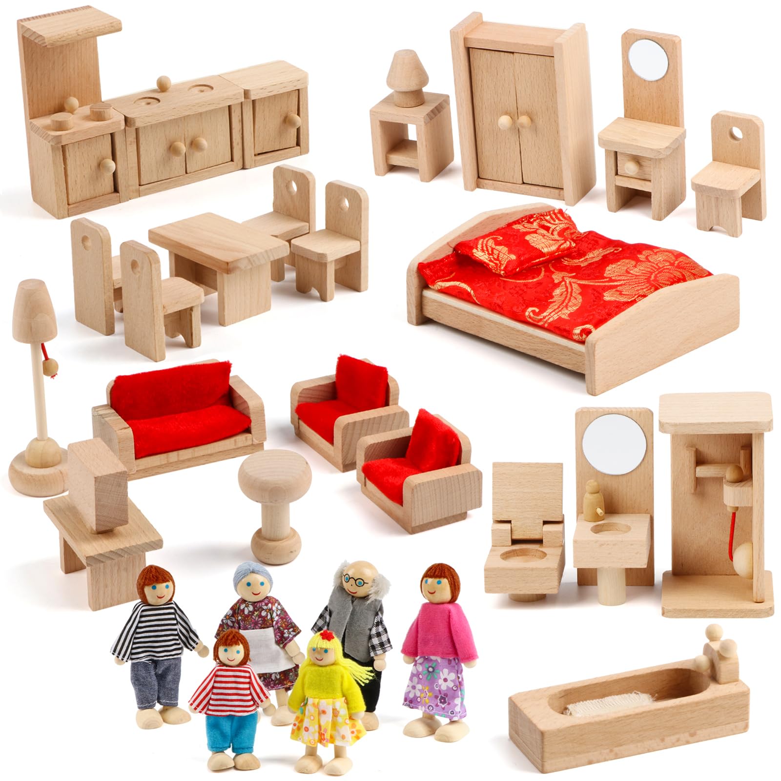 KABENFIS 39PCS 5 Set Dollhouse Furniture Accessories with a family of 6 dolls Decoration Pretend Play Toys for girls boys