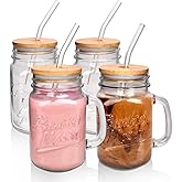 ANOTION Mason Jar Drinking Glasses - 16oz Mason Jars Glass Cups With Lids and Straws Iced Coffee Cup Mason Jar Juice Bottles Smoothie Cup Cute Mugs Glass Milk Bottle Vintage Glassware for Beverages