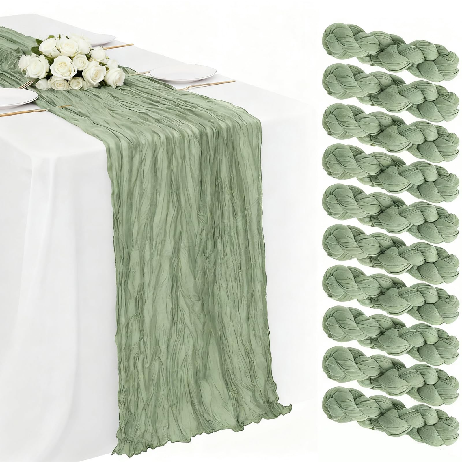 Photo 1 of 10 Pack Sage Green Cheesecloth Table Runner 120 Inch 10 FT Boho Gauze Cheese Cloth Long Table Runner Romantic Rustic Sheer Runners for Wedding Baby Shower Home Decor Holiday Decorations