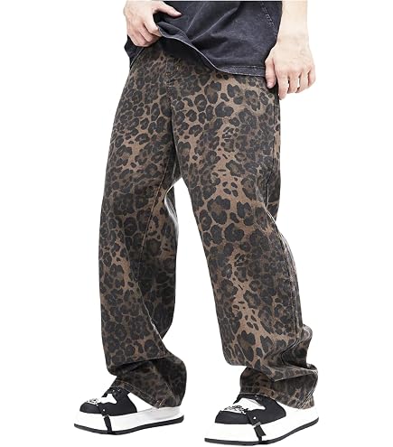 Hesaco Leopard Print Jeans for Women - Y2K Patchwork Loose Cheetah