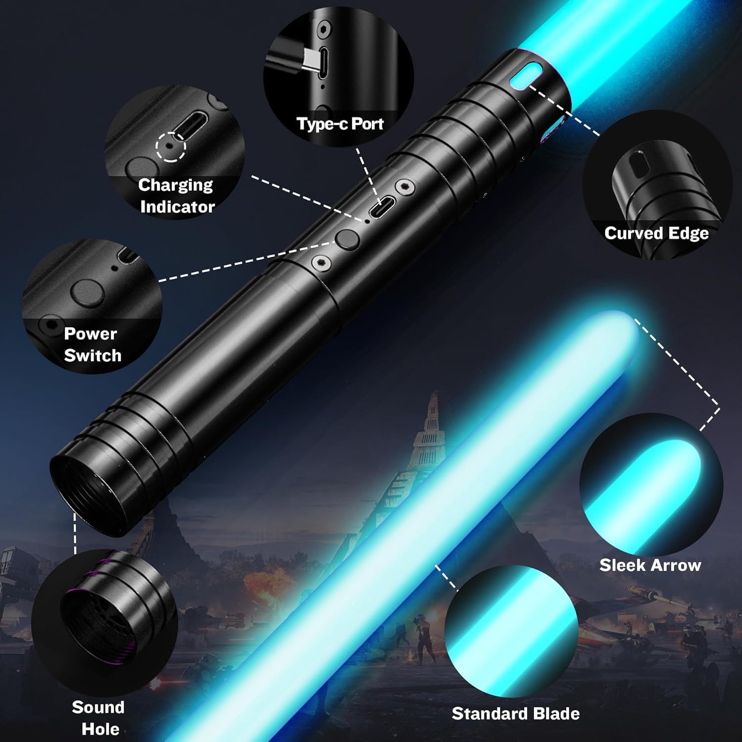 Airmsa Laserschwert Kinder, Lichtschwert RGB 15 Farben, USB wiederaufladbare Licht Schwert mit FX Sound, Lichtschwert Schwert Spielzeug für Kinder, Halloween, Galaxy Krieg Kämpfer Cosplay (60cm 2PC) 6