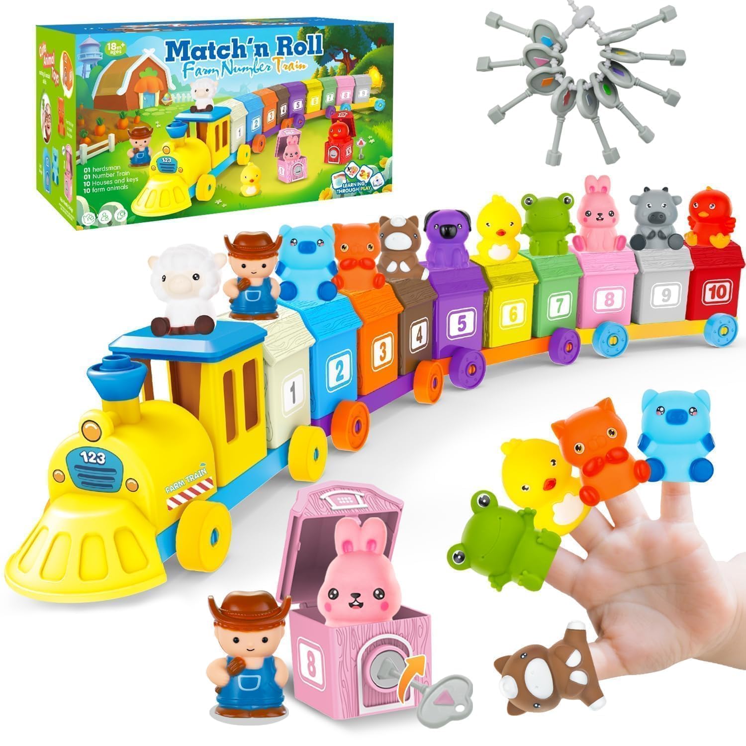 Photo 1 of Farm Animals Train with 11 Finger Puppets, 10 Barns with Keys, Counting, Matching, Sorting Montessori Learning Toy for Toddler 1 2 3 4 Years Old, Educational Birthday Gift for Boys Girls Kids, 36PCS