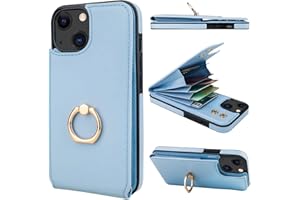 Folosu Compatible with iPhone 14 Case Wallet with Card Holder, 360°Rotation Finger Ring Holder Kickstand, RFID Blocking Leather Protective Double Buttons Shockproof Cover 6.1 Inch Blue