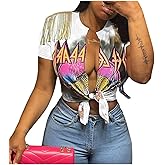 Deeryi Sexy Graphic Tees for Women Tie Up Front Deep V Neck Top Short Sleeve Print Tassel Shirts
