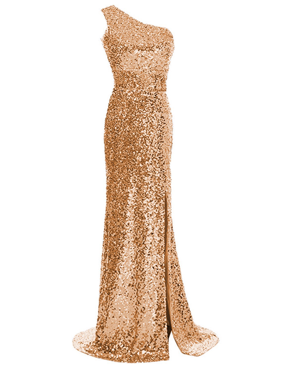 Ruiyuhong One Shoulder Rose Light Gold Slit Sequins Prom Evening Party