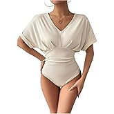 SOLY HUX Women's V Neck Short Sleeve Bodysuits Slim Fit Leotard Tops Work Office Outfits