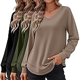 Riyiper 3 Pack Women's Long Sleeve Sweatshirts, Cotton V Neck Tops Loose Fit Curved Hem Tunic Tops Basic Casual Fall Shirts