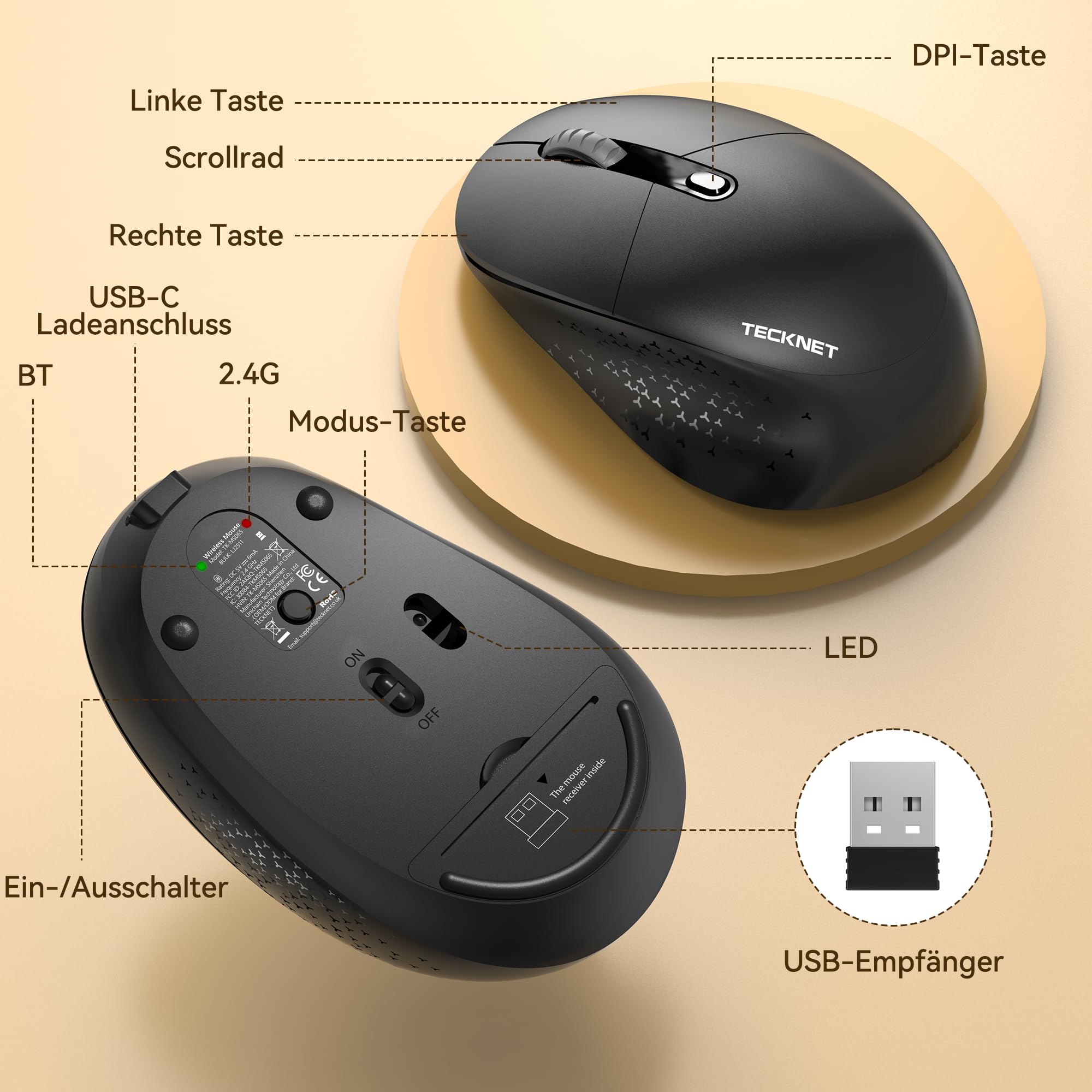 TECKNET Bluetooth Kabellose Maus Silent Tri-Mode 2.4G Wiederaufladbar 6