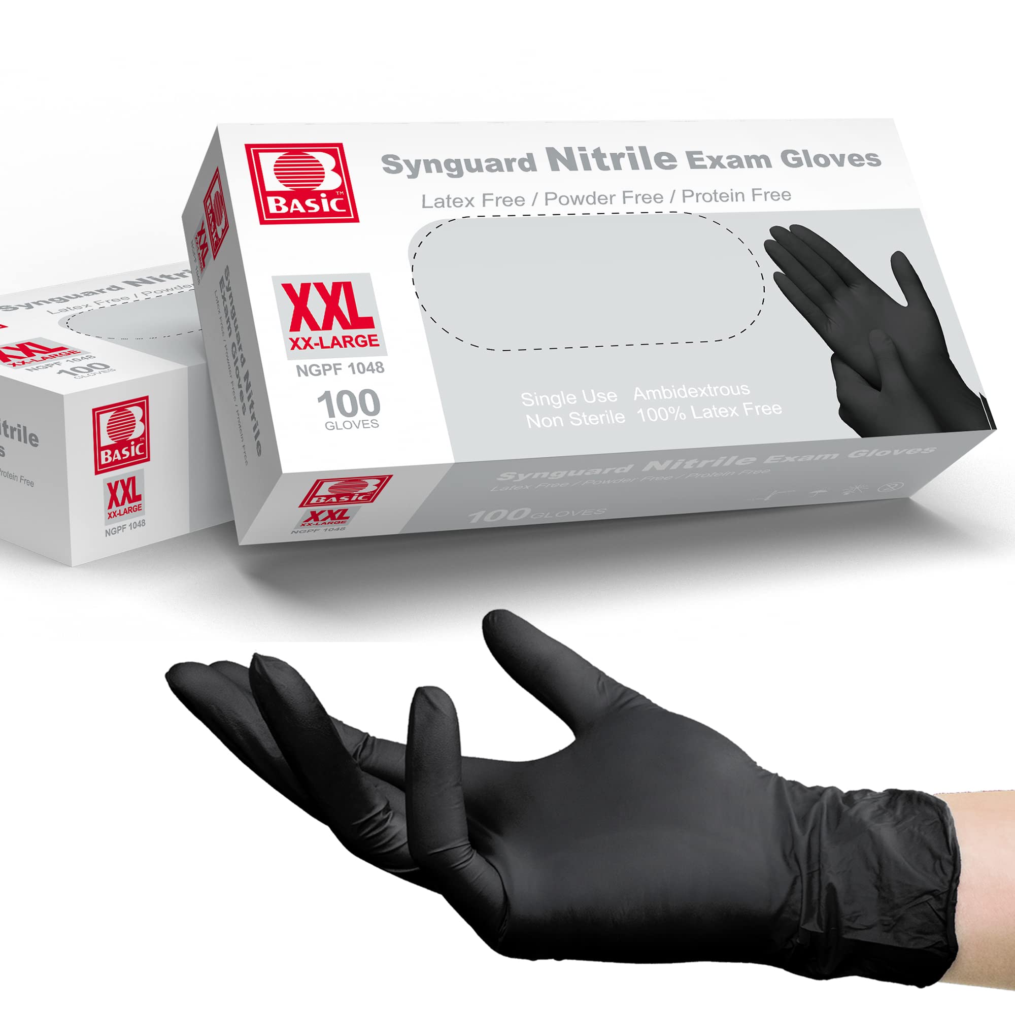 Photo 1 of Basic Medical Black Nitrile Exam Gloves - Latex-Free & Powder-Free, 5 mil Gloves, NGPF-1048 (pack of 100), XX-Large