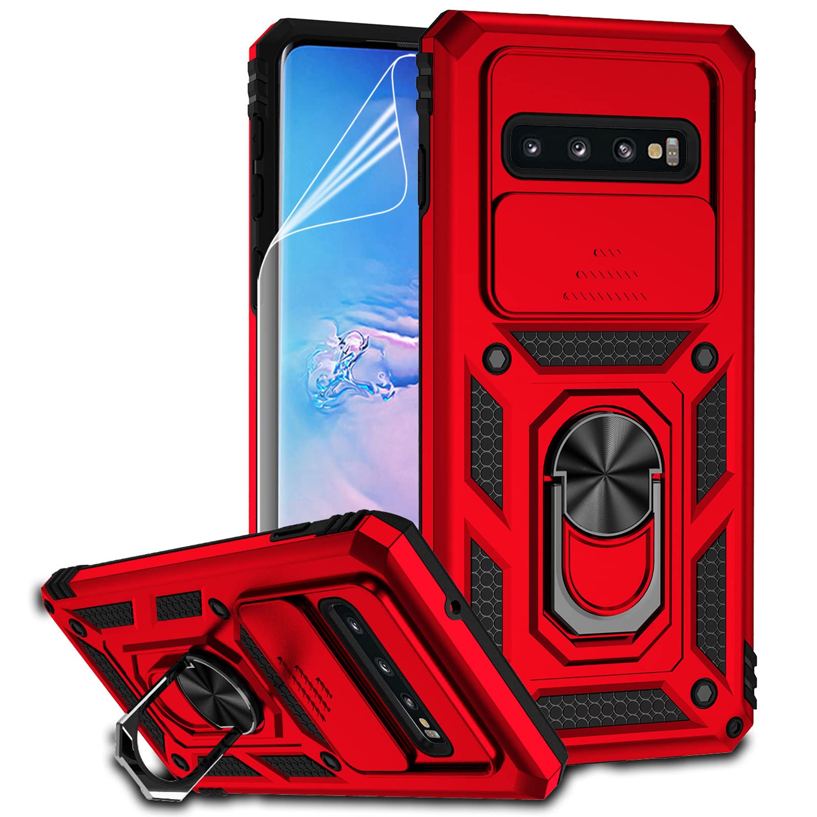 for Samsung Galaxy S10 Plus Case with Camera Lens Cover HD Screen Protector, Military-Grade Drop Tested Magnetic Ring Holder Kickstand Protective Phone Case for Samsung Galaxy S10+ Plus (Red)