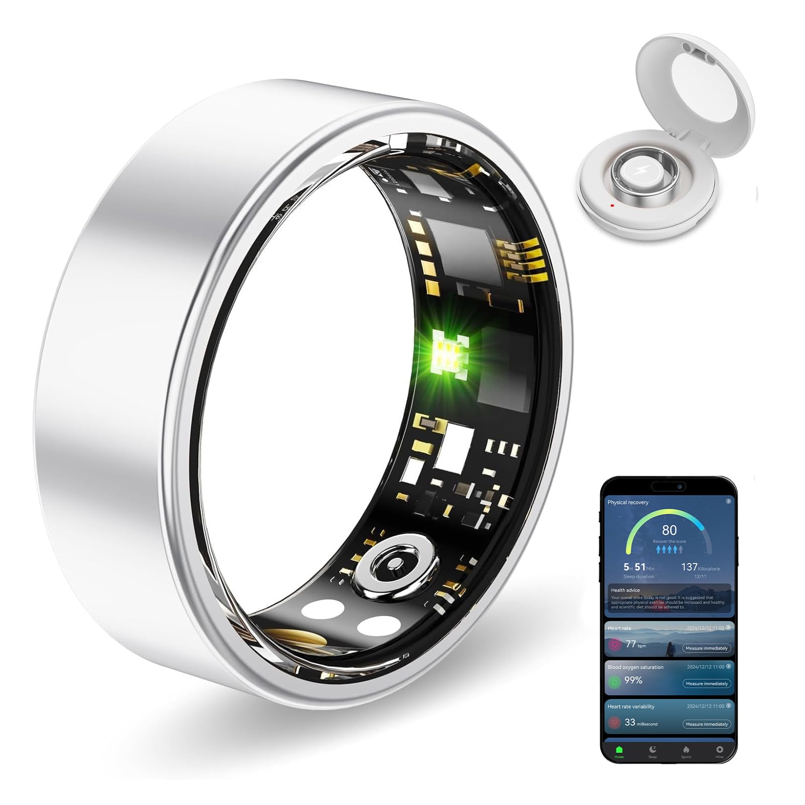 Photo 1 of Smart Health Rings for Women Men, Fitness Tracker with Heart Rate, Blood Oxygen, HRV, Sleep Tracker, Step Tracker, No Subscription Fee, IP68 Waterproof Smart Ring for iphone & Android (Silver, 9)