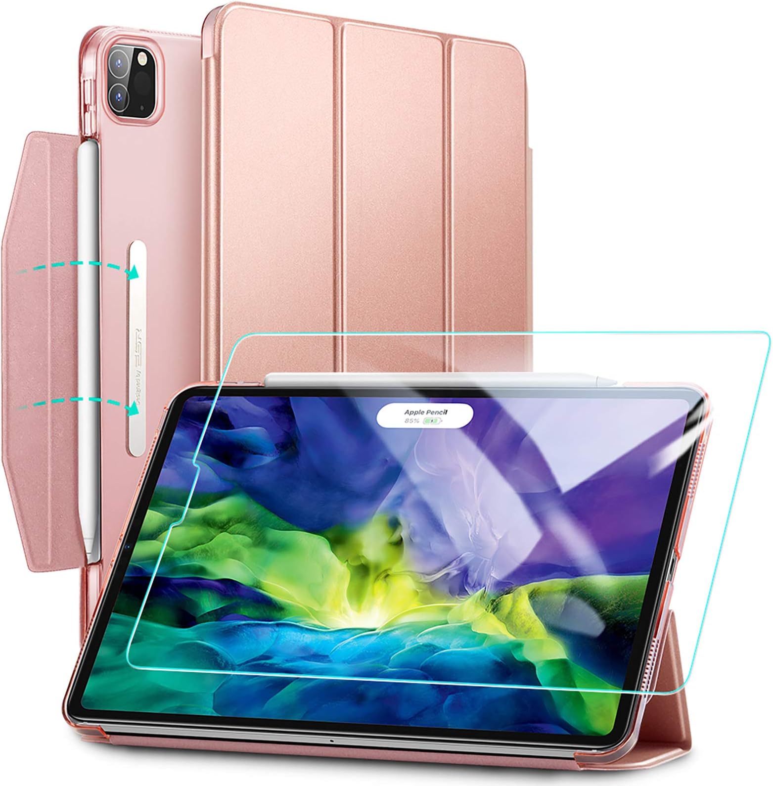 ESR Case for iPad Pro 11 (2020 & 2018) with Tempered-Glass Screen Protector,Yippee Trifold Smart Case with Auto Sleep/Wake,Lightweight Stand Case with Clasp, Hard Back Cover, Rose Gold