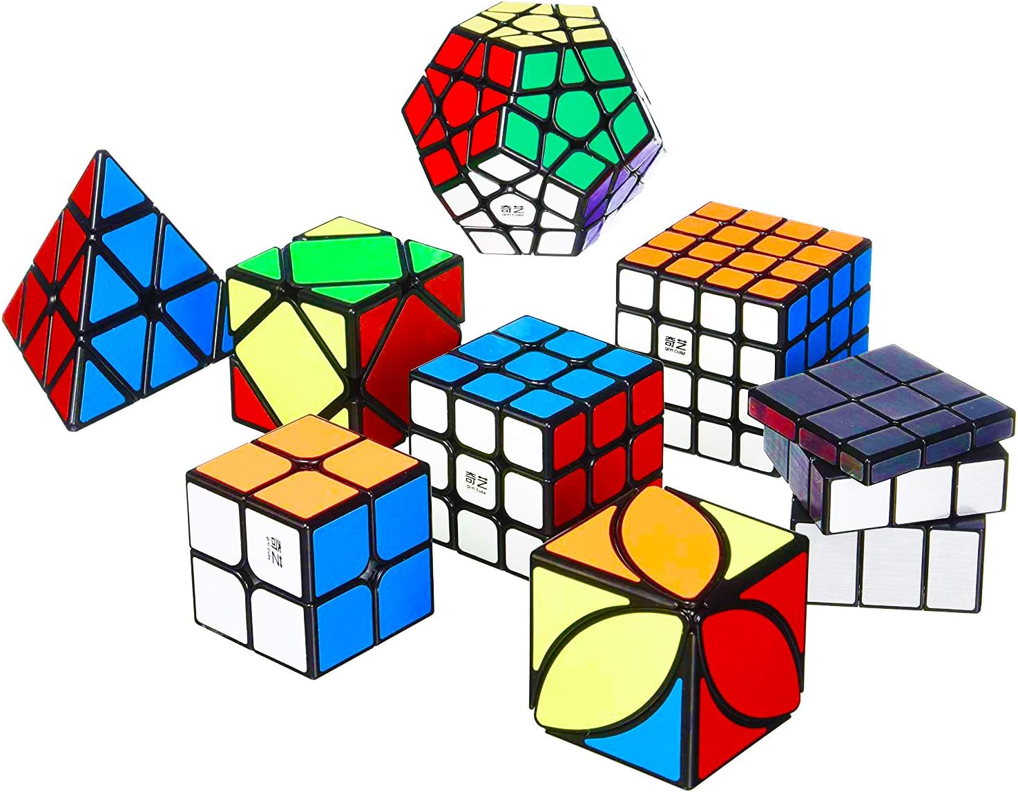 Speed Cube Pack Set Magic Puzzle Bundle with Solution Manual and Cube Stand 2x2 3x3 4x4 Pyramid Megaminx Skew Mirror Ivy Sticker Collection Toys for Kids and Adults