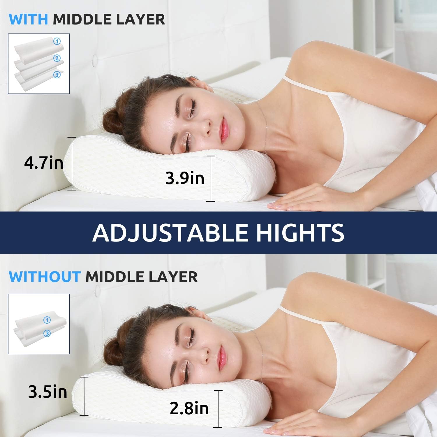 UTTU Sandwich Pillow, Adjustable Memory Foam Pillow, Bamboo Pillow for Sleeping, Cervical Pillow for Neck Pain, Neck Support for Back, Stomach, Side Sleepers, Orthopedic Contour Pillow, CertiPUR-US: Home & Kitchen