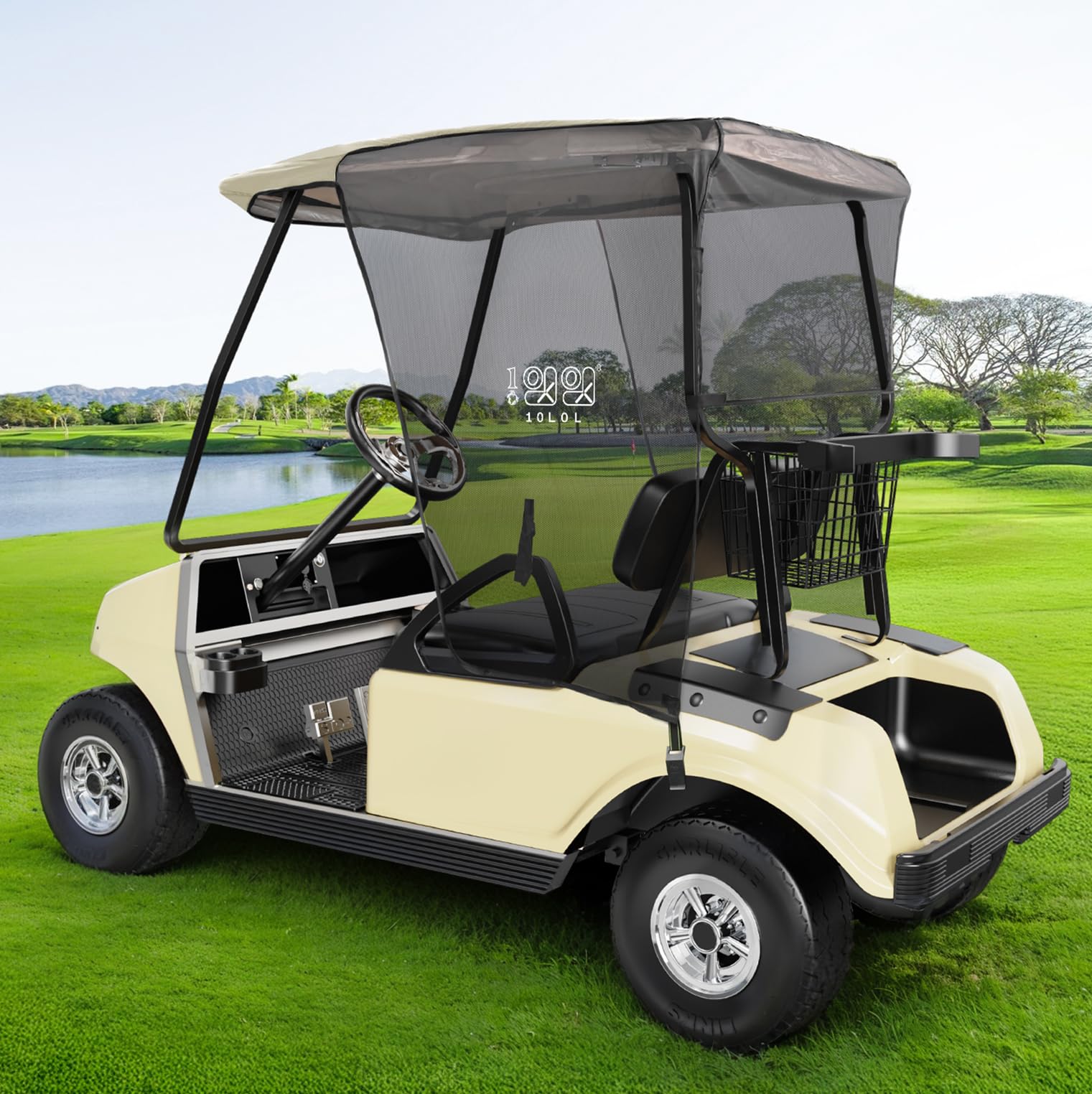 Photo 1 of 10L0L Golf Cart Sun Shade Cover for Club Car DS Precedent and EZGO TXT RXV, UV Heat Resistant Sunshade Curtain-Beige with Black