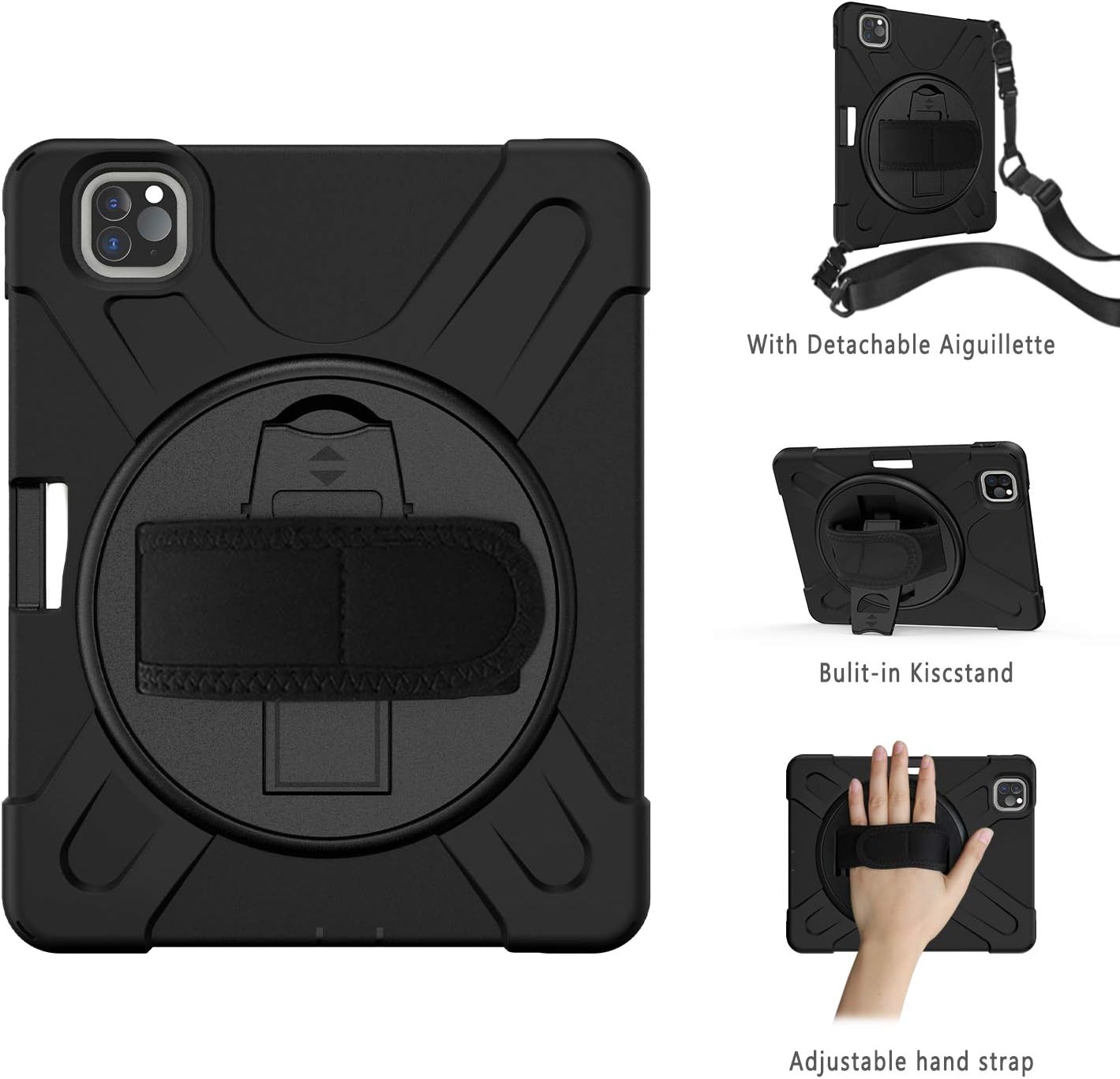 Macoku Case for iPad Pro 11 2020 Tablet, Heavy Duty Shockproof Protective Case with 360 Degree Rotating Hand Strap, Kickstand and Carrying Shoulder Strap, 3 Layer Hybrid Kids Case (Black)