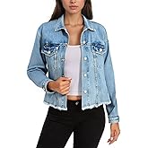 LBDLONGBIDA Women's Denim Jackets Cropped Button Up Frayed Hem Jean Jacket with Pockets Trendy Light Blue Jean Coat