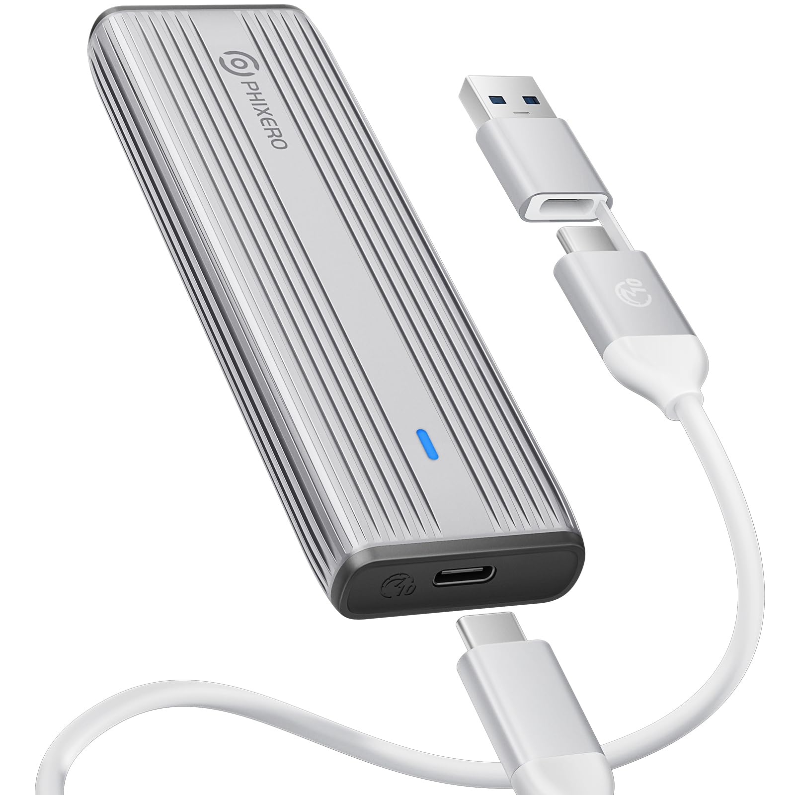 PHIXERO M.2 Nvme Enclosure SSD Enclosure USB NVME SATA Adapter Aluminum Tool-Free USB3.2 Gen2 10Gbps with USB C to C/A NVME PCIe NGFF SATA M-Key/B&M-Key 2230 /2242/2260/2280(Silver)
